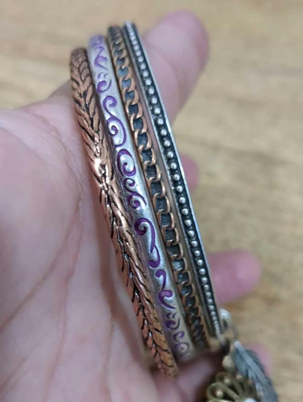 LUCKY BRAND Mixed Metal Floral Charm Bangle Set - Gold & Silver